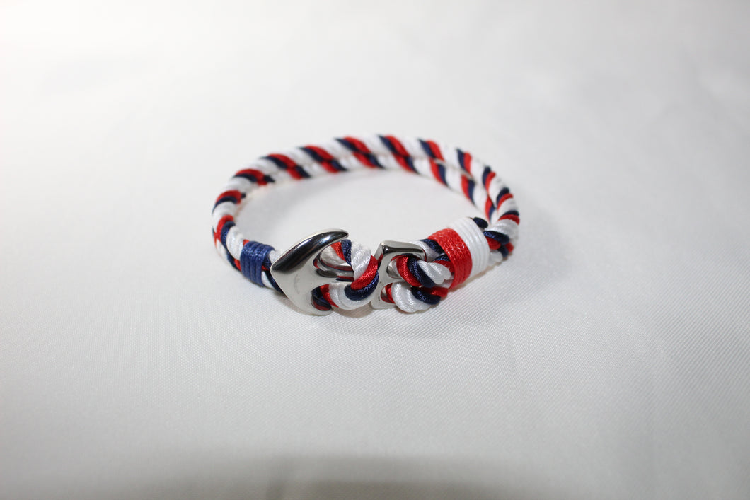 Blue, red and white thread nautical bracelet with steel anchor (large)