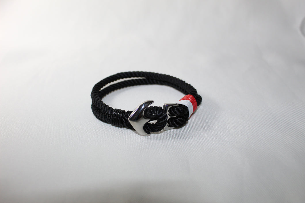 Pulsera náutico de hilo negro con ancla de acero (grande)