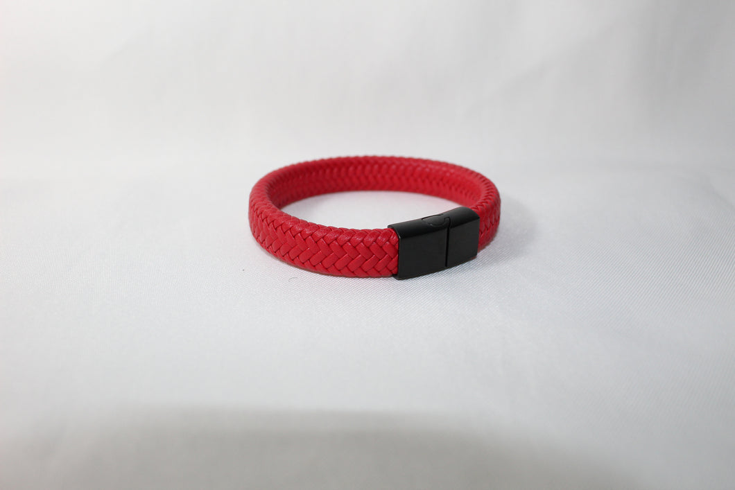 Red leather bracelet with black magnetic clasp