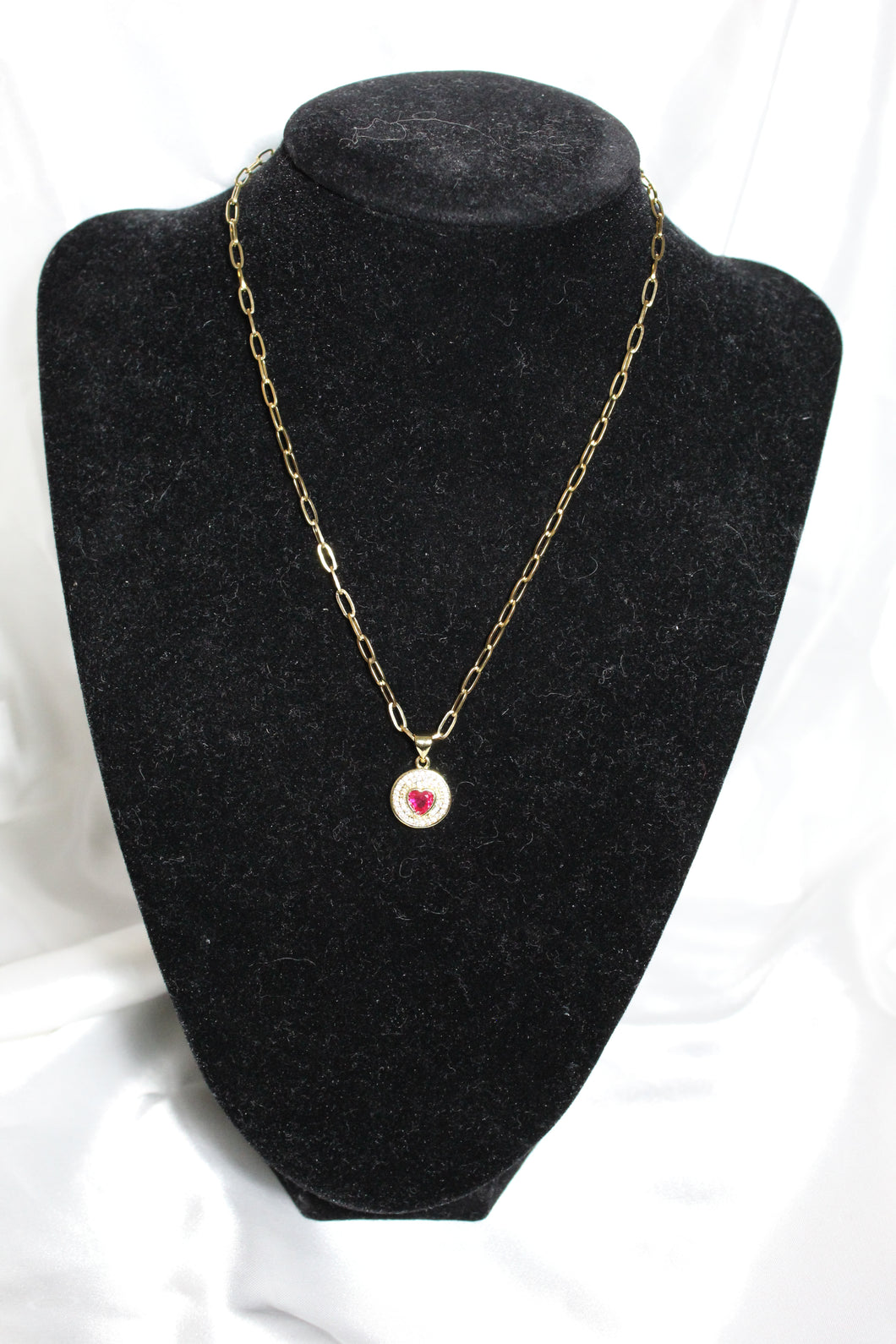 Red heart circle micropave necklace